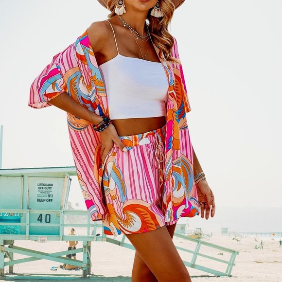 Womens Shorts Set Bright Colors Pink Orange Blue Blouse Shorts Sizes SM-XL - Picture 2 of 4